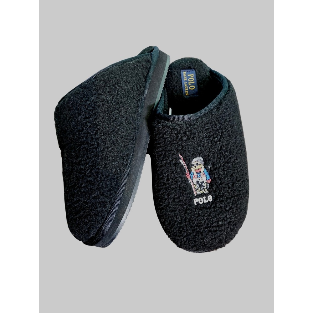 Polo Ralph Lauren Slippers Women Size 7 Black Sherpa Ski Polo Bear Scuff
